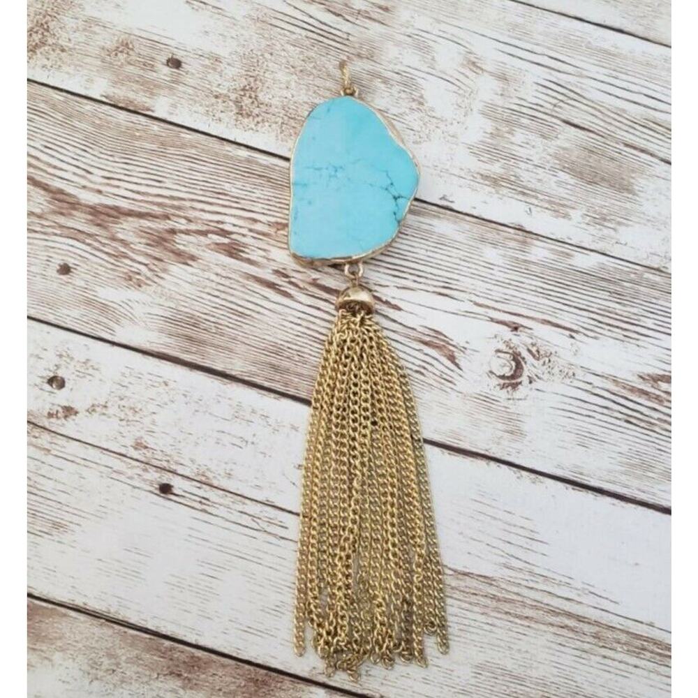 Vintage Pendant Large Light Blue Stone Gold Tone Tassel (No Chain Included)